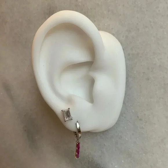Modest Lu Jewelry - Silver Pink Crystal Drop Huggie Hoop Earrings
L
